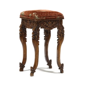 An Asian Carved Wood Stool with Plush Seat