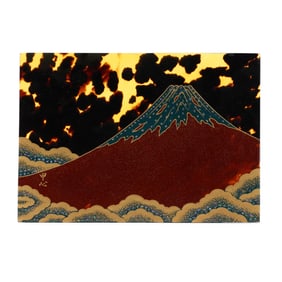 A Gilt and Painted Tortoise Shell Plaque with Mount Fuji
