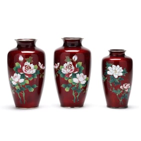 Three Red Ginbari Ground Cloisonné Vases