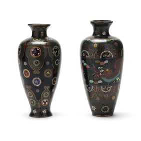 A Matched Pair of Japanese Dark Green and Black Ground Cloisonné Vases