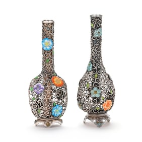 A Matched Pair of Japanese Silver and Enamel Bud Vases