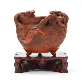 A Japanese Tokoname Red Ware Dragon Urn with Stand