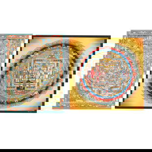 Two Contemporary Nepalese Thangka Paintings: Two Contemporary Nepalese Thangka Paintingsthe first a yellow ground Kalachakra Mandala, signed Purma Lama, presented under glass wth green mat in black and gilt wood frame (frame dimensions 24 1/4 x