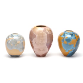 Three Crystalline Glazed Vases, including Sid Oakley (NC, 1932-2002)