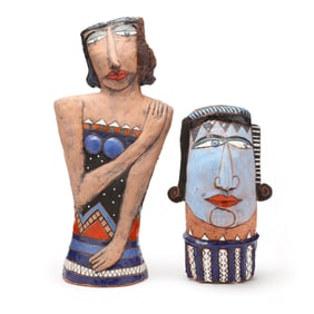 Paul Jackson (England), Two Cubist Style Studio Pottery Figure Sculptures