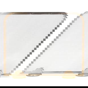 Art Deco Style Gilt Metal Fire-Screen: Art Deco Style Gilt Metal Fire-Screenlate 20th century, streamlined form with riveted edges and matte golden mesh panel, flush disc form feet, unmarked. 32 x 39 x 7 in. From a Prominent Collector, Aik