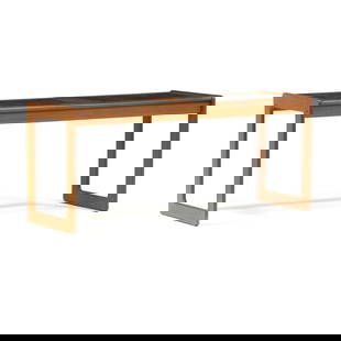 Danish Teak and Glass Console / Sofa Table: Danish Teak and Glass Console / Sofa TableCirca 1990, rectangular form with two inset smoky glass panels, straight legs with flush stretcher, unmarked.  25.5 x 60 x 19.5 in.  Additional high-resolutio