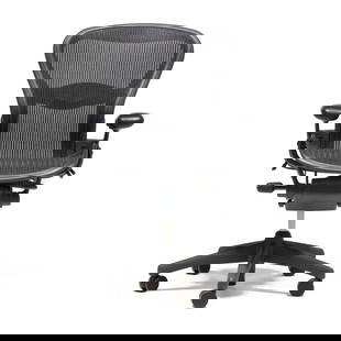 Don Chadwick and Bill Stumpf, Aeron Office Chair: Don Chadwick and Bill Stumpf, Aeron Office ChairHerman Miller, designed 1992, adjustable height arms, adjustable height seat, back support bar, adjustable tilt tension, on casters, labeled. 40 x 27 x