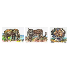 Konstantin Bokov (Ukranian-American, b. 1940), Leopard / Elephants / Bowl of Peanuts (Three Works)