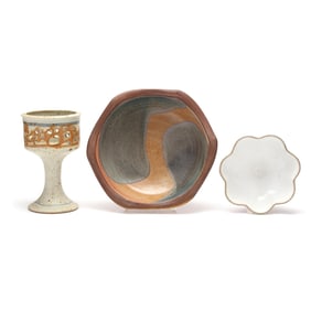 Two Studio Pottery Bowls and a Candle Votive Holder