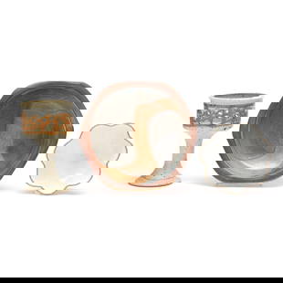 Two Studio Pottery Bowls and a Candle Votive Holder: Two Studio Pottery Bowls and a Candle Votive Holderglazed stoneware, to include a hexagonal footed serving bowl with multicolor glazes, inscribed "Peters" to underside (11 in.); a scalloped edge bowl,