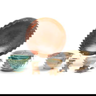 Five Studio Pottery Forms: Five Studio Pottery Formsto include a footed serving platter with stamped fish decoration to rim, unmarked (11 3/4 in.); a stoneware hanging planter, unmarked (pot 5 x 7 1/2 in., rope 27 1/2 in.); a t