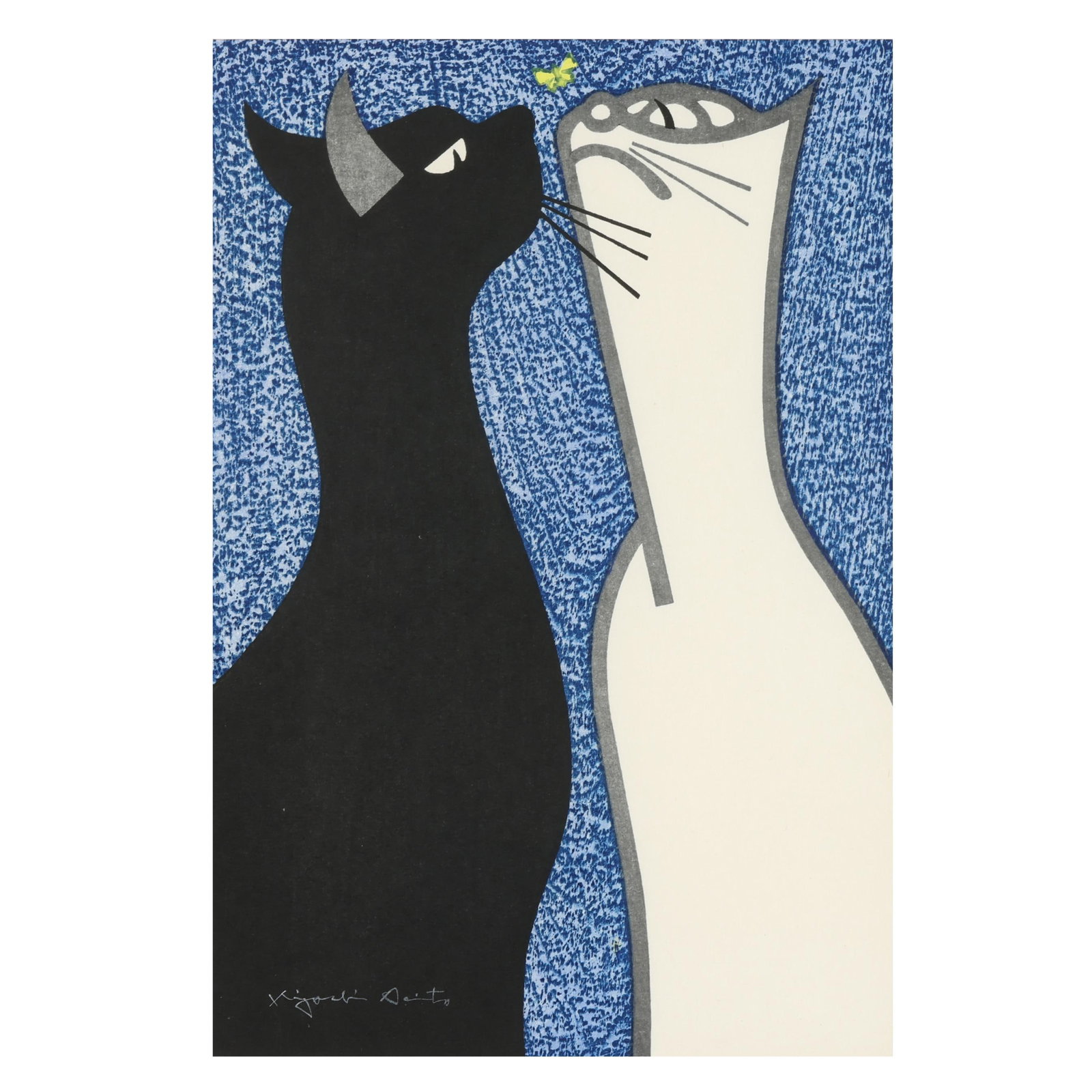 Kiyoshi Saito (Japanese, 1907-1997),  Steady Gaze (Two Cats with Yellow Butterfly) (1 of 5)