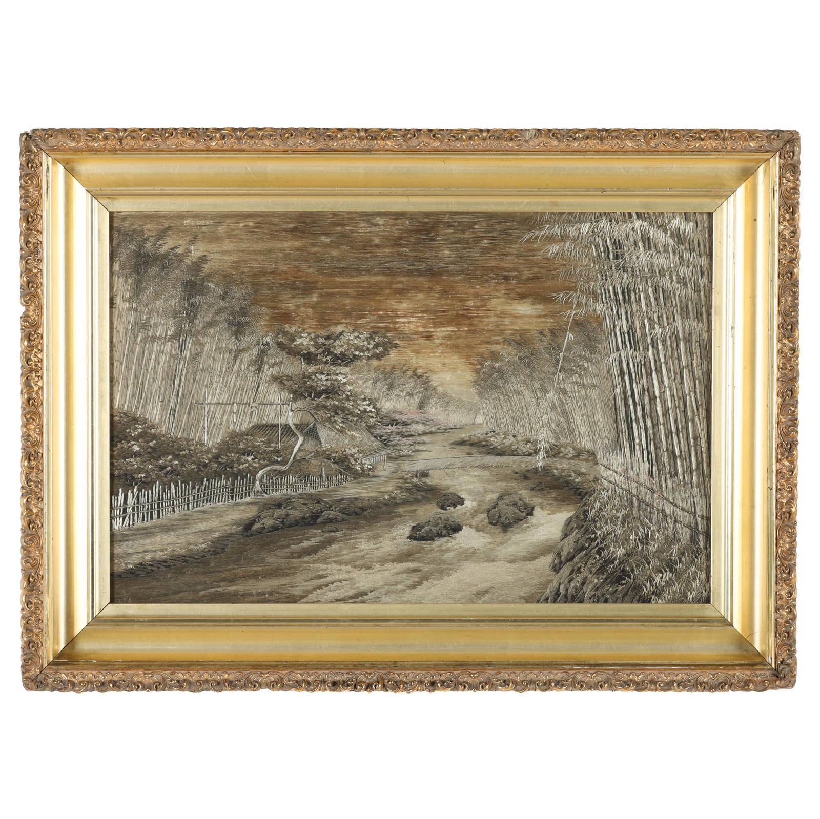 A Japanese Meiji Period Embroidery of a Bamboo Lined River