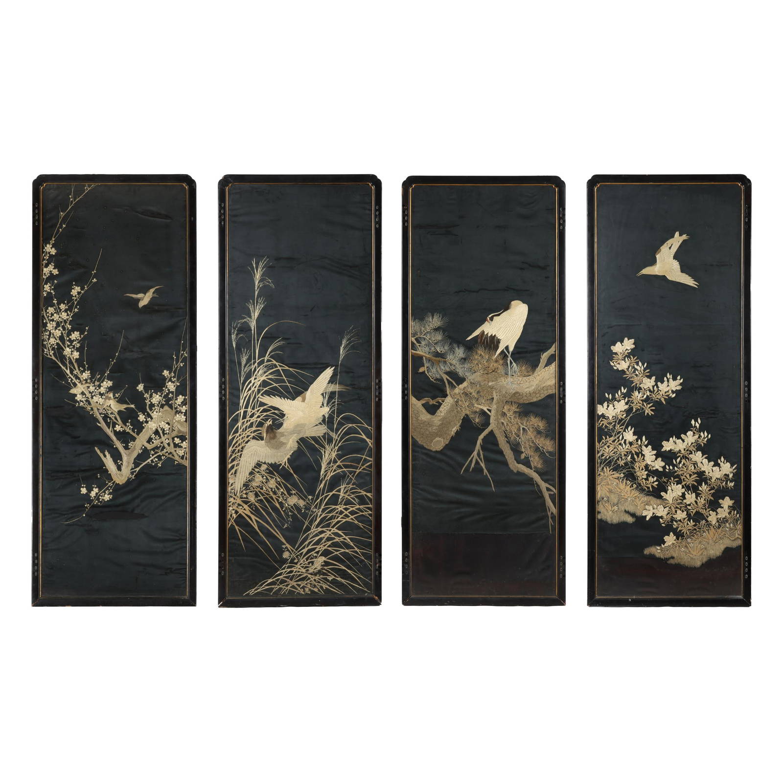 A Set of Four Grand Japanese Silk Embroidered Panels