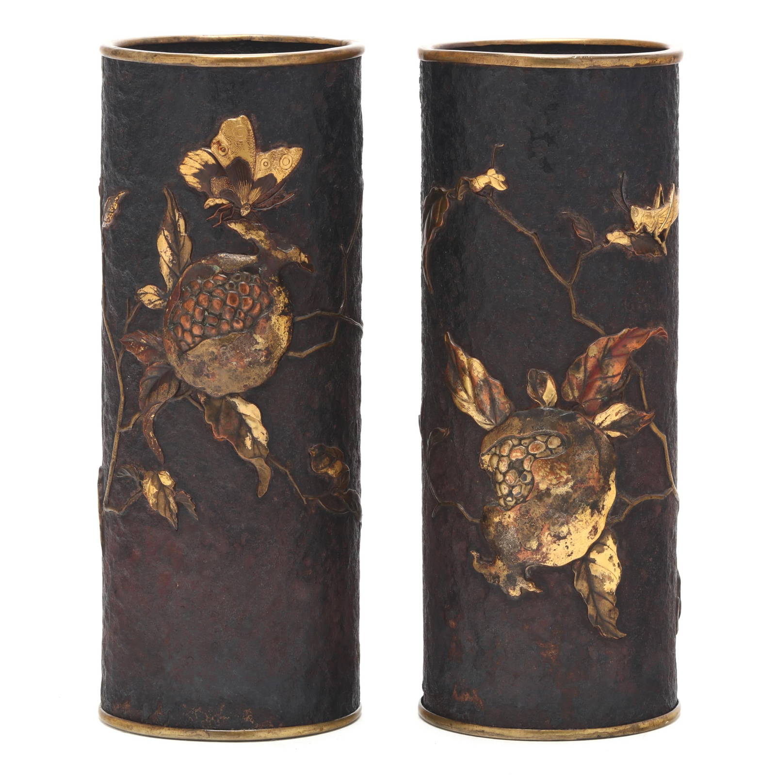A Pair of Japanese Bronze and Mixed Metal Vases