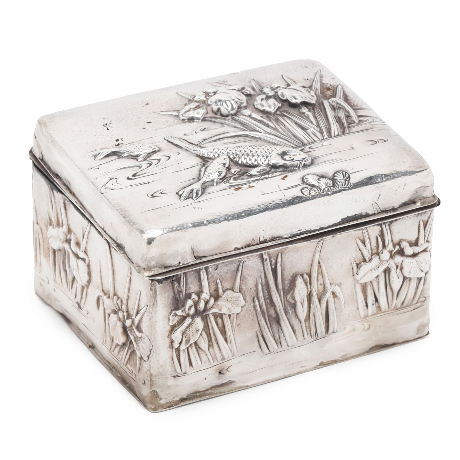 A Japanese Silver Clad Box with Relief Scene of Koi Fish and Irises (1 of 5)
