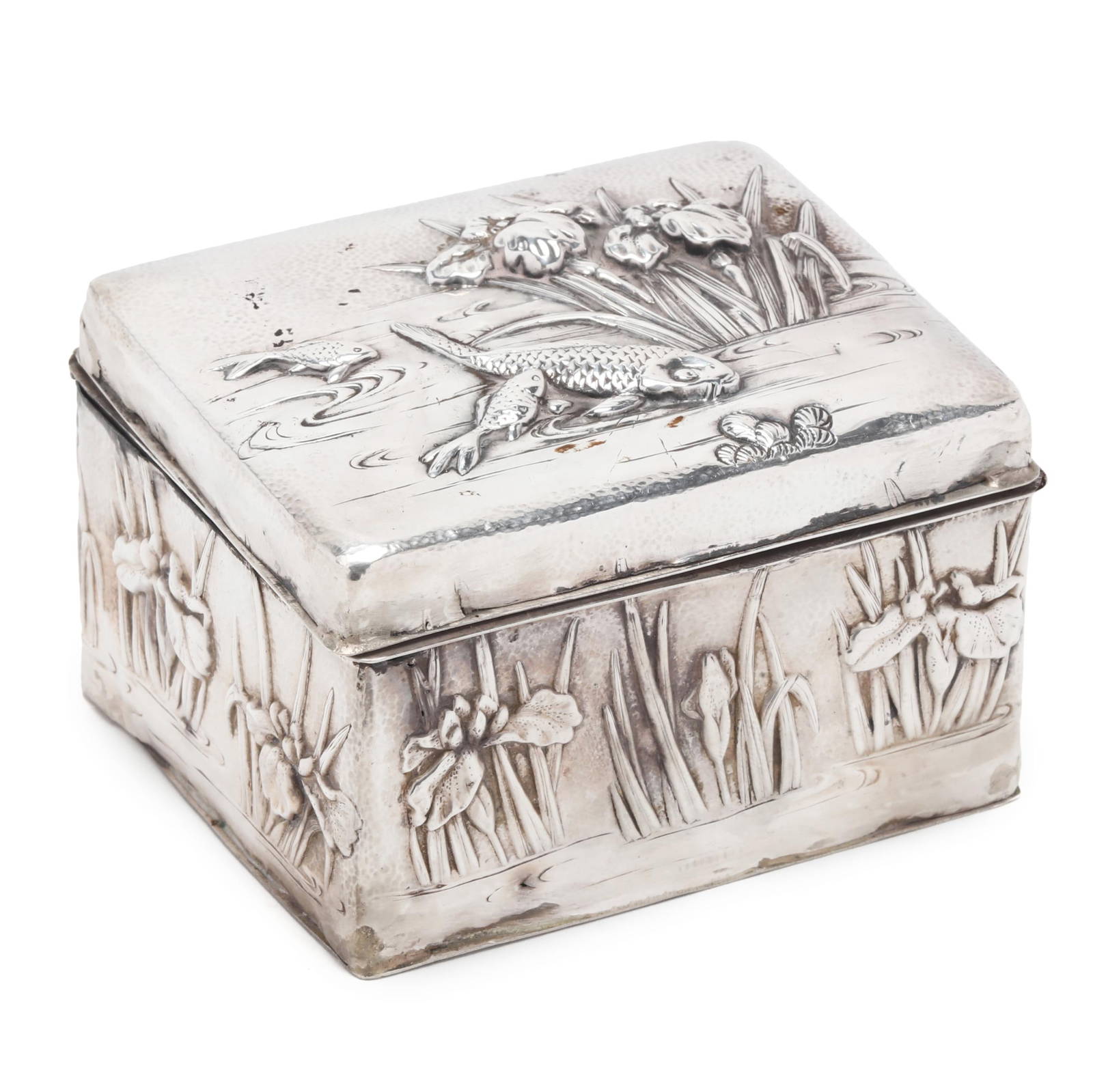 A Japanese Silver Clad Box with Relief Scene of Koi Fish and Irises