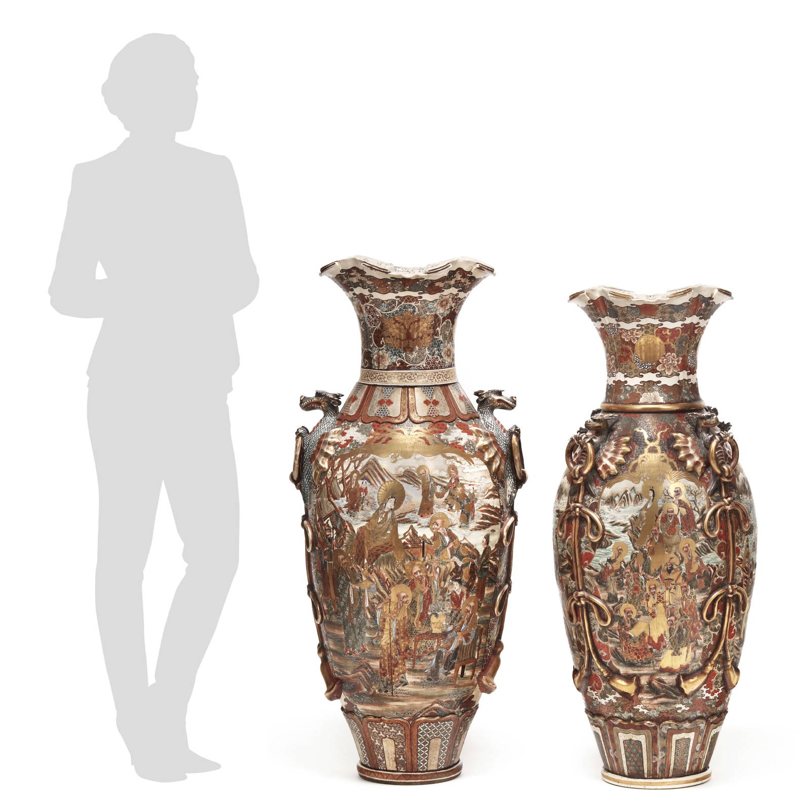 A Near Pair of Palatial Japanese Meiji Satsuma Floor Vases