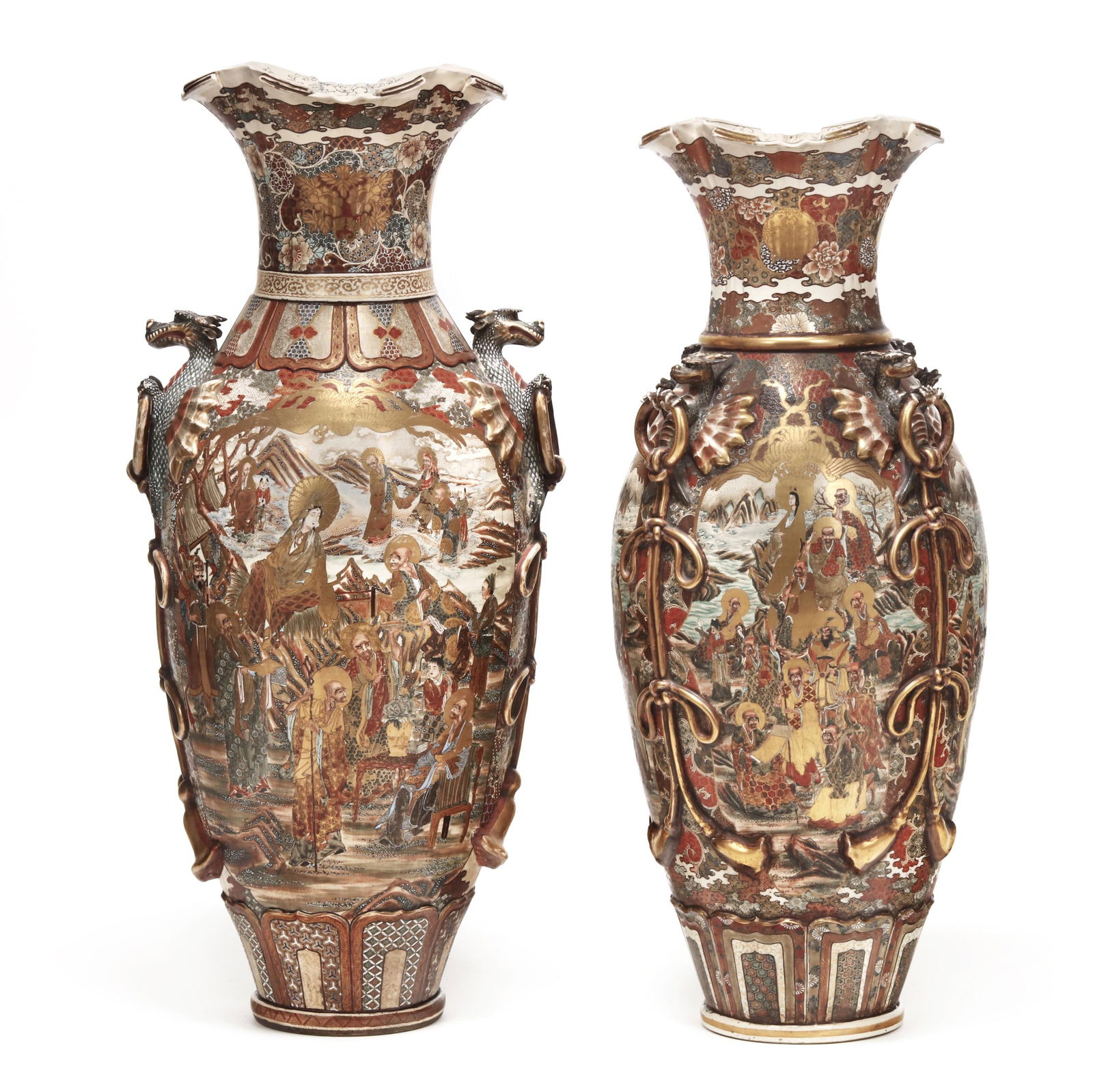 A Near Pair of Palatial Japanese Meiji Satsuma Floor Vases