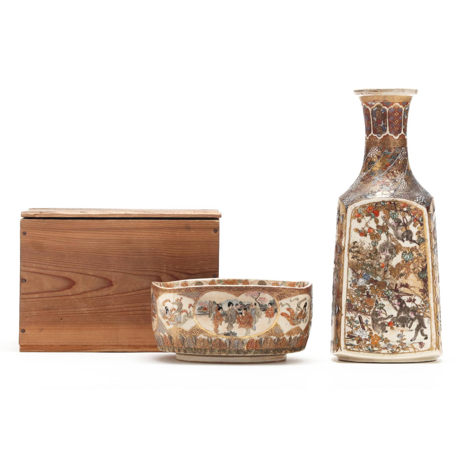 A Japanese Satsuma Sake Jar and Square Bowl