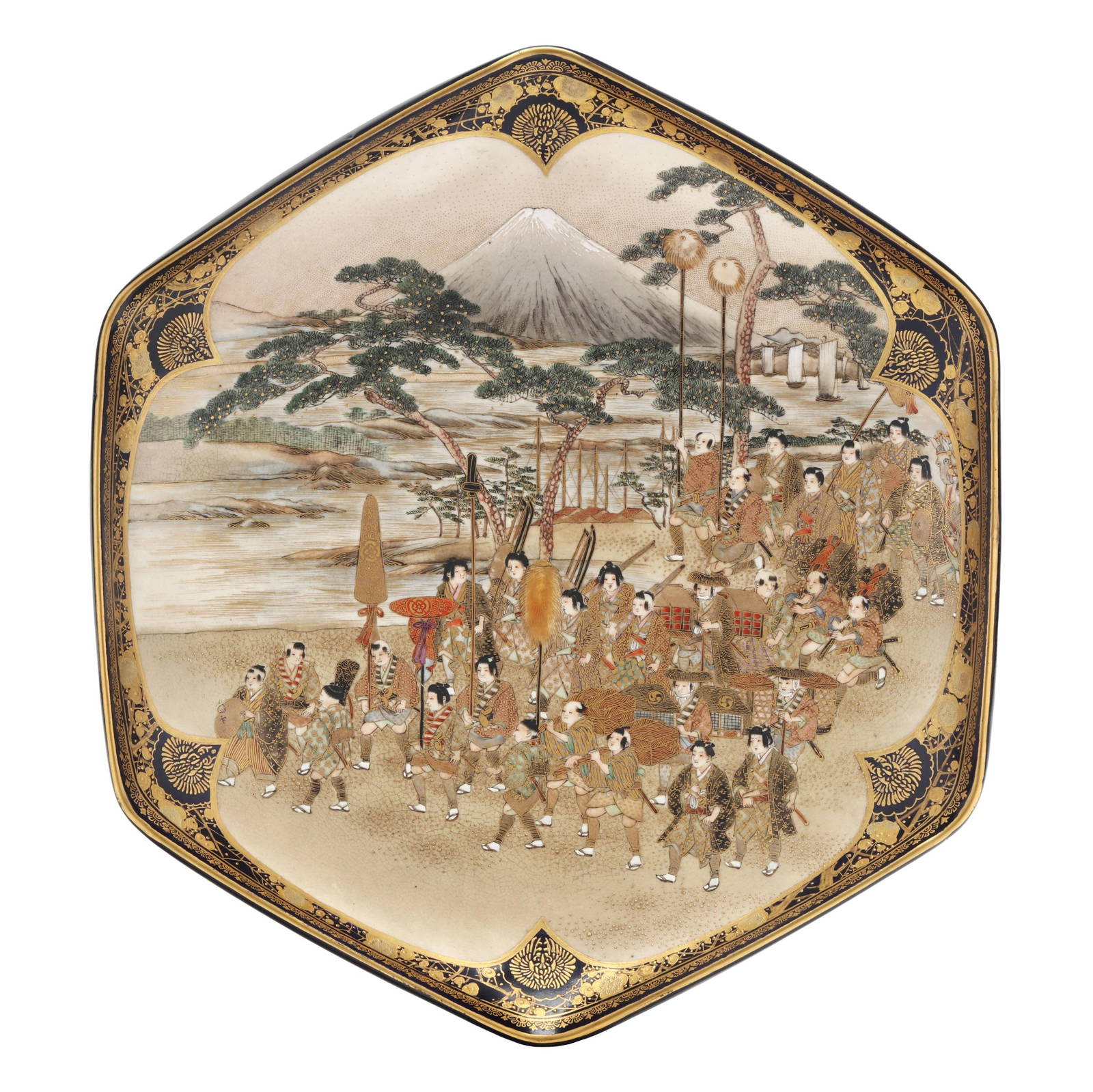 A Japanese Satsuma Hexagonal Dish with Procession Scene by Kusube Sennosuke