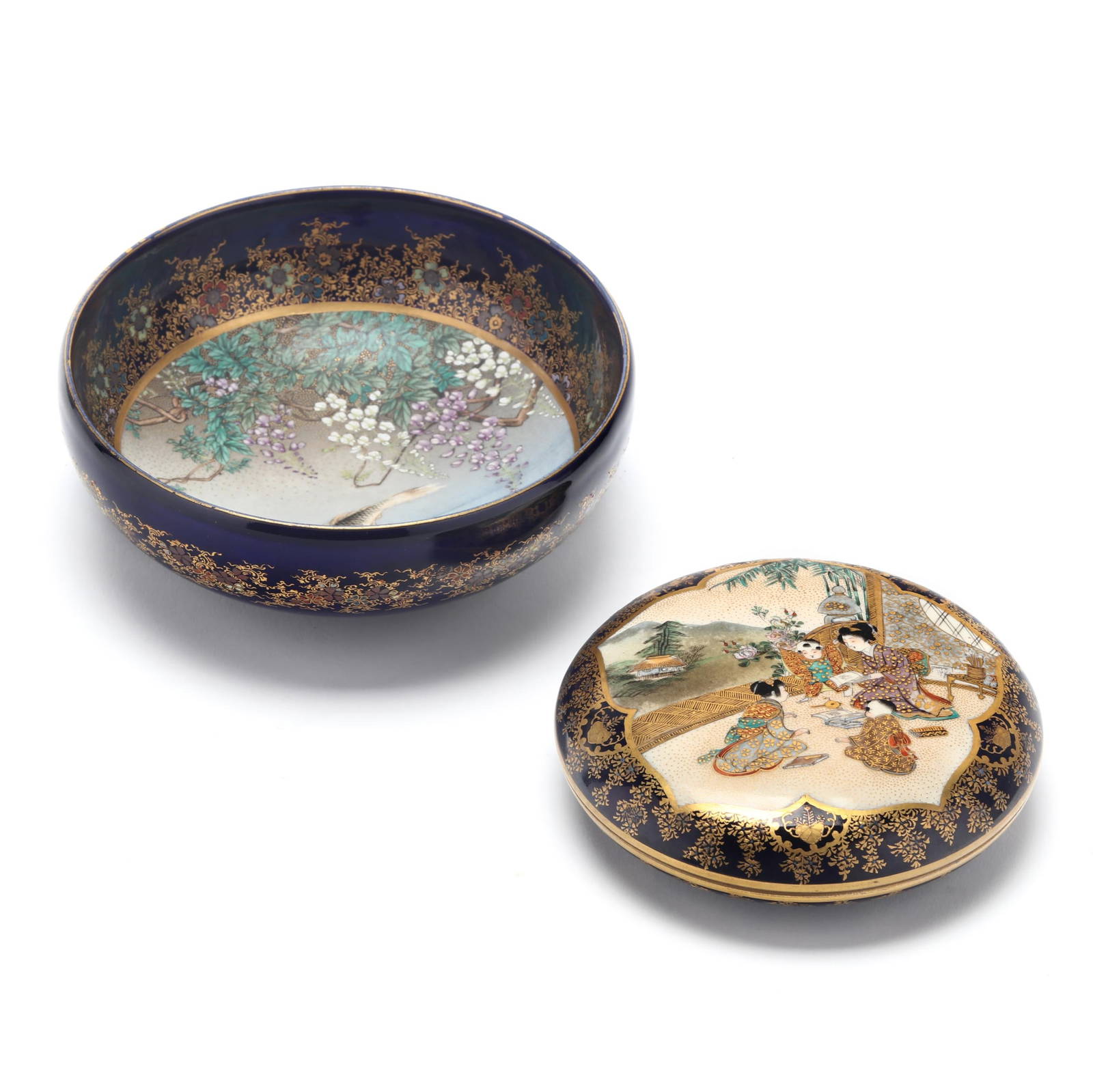 A Japanese Satsuma Bowl by Kinkozan and Circular Box with Cover by Furuyama