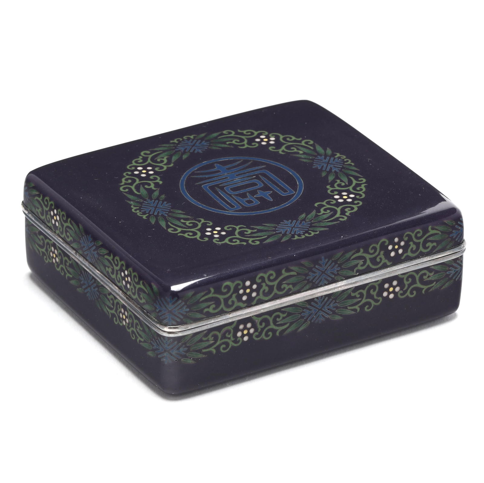 A Japanese Cloisonne Purple Ground Enamel box with Cover by Hayashi Tanigoro: A Japanese Cloisonne Purple Ground Enamel box with Cover by Hayashi TanigoroMeiji period (1868-1912) or Taisho period (1912-1926), circa 1912, the rounded rectangular box with flush fitting covers and