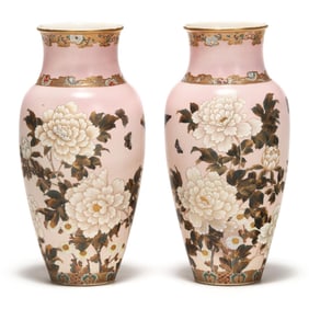 A Pair of Large Pink and Gilt Satsuma Vases with Butterflies by Kinkozan