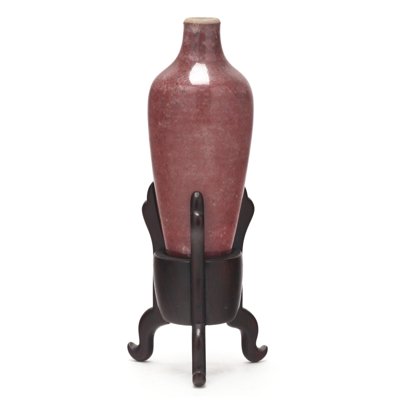 A Chinese Porcelain Peach Bloom Amphora Small Vase: A Chinese Porcelain Peach Bloom Amphora Small Vase likely Kangxi period (1662–1722), porcelain with peach bloom glaze that varies from pale pink to a deeper rose color over the body with scattered s