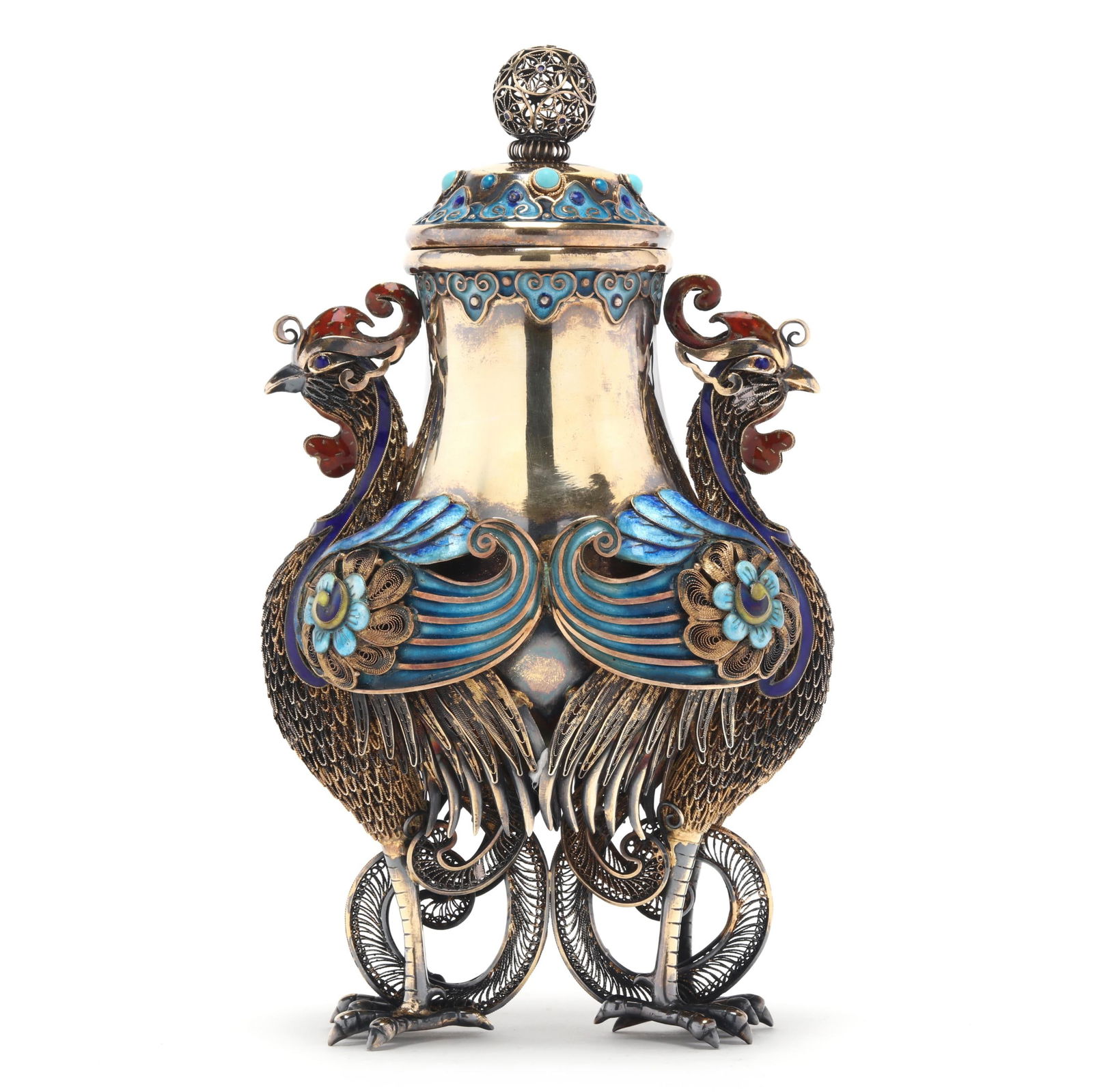 A Chinese Gilt Silver Wire and Enamel Double Phoenix Jar with Cover (1 of 6)