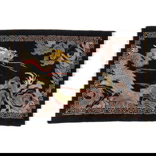 Tibetan Dragon Area Rug: Tibetan Dragon Area Rugwool on cotton foundation, the black field with dragon in cloudy swirls, with art deco border. 3 ft. 7 in. x 5 ft.  Additional high-resolution photos are available at www.leland