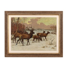 Georges Frédéric Rötig (French, 1873-1961), Family Herd of Deer in the Snow
