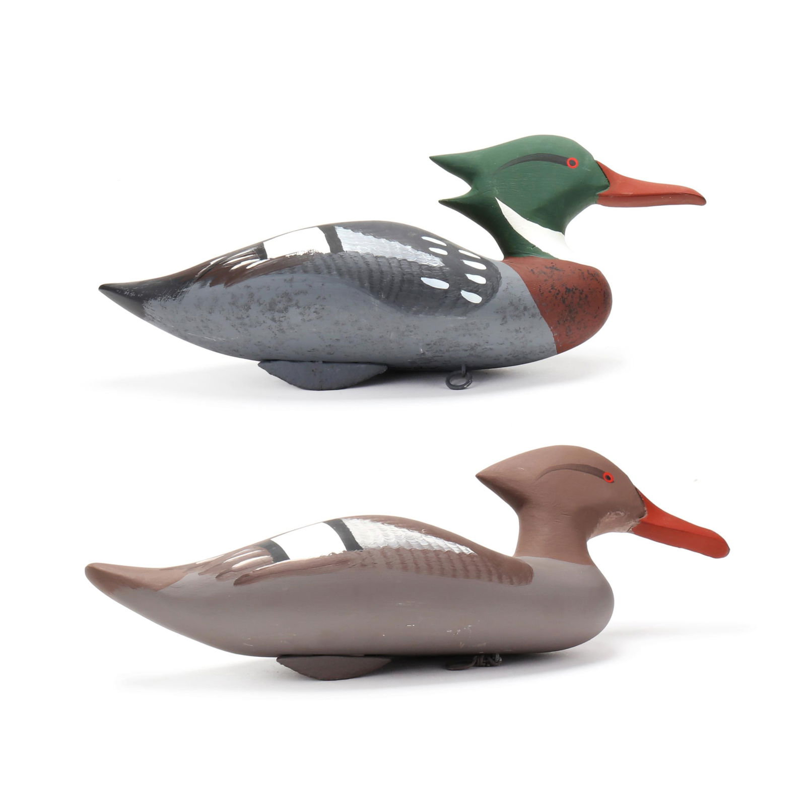 Captain Harry Jobes (MD, 1936-2019), Pair of Red-Breasted Mergansers: Captain Harry Jobes (MD, 1936-2019), Pair of Red-Breasted MergansersHavre de Grace, Maryland, circa 2000, carved and painted wood, signed by maker on bottom of each. Length 14.75 in. A master decoy ca