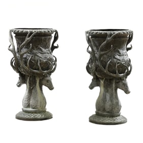 Pair of Impressive Large Bronze Double Stag Head Garden Planters