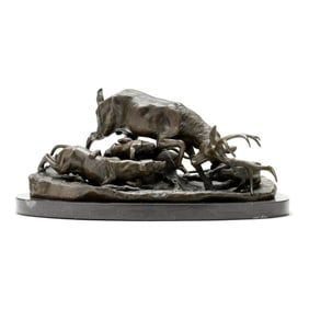 After Antoine Louis Barye (French, 1795-1875), Three Hounds Attacking Ten Point Stag