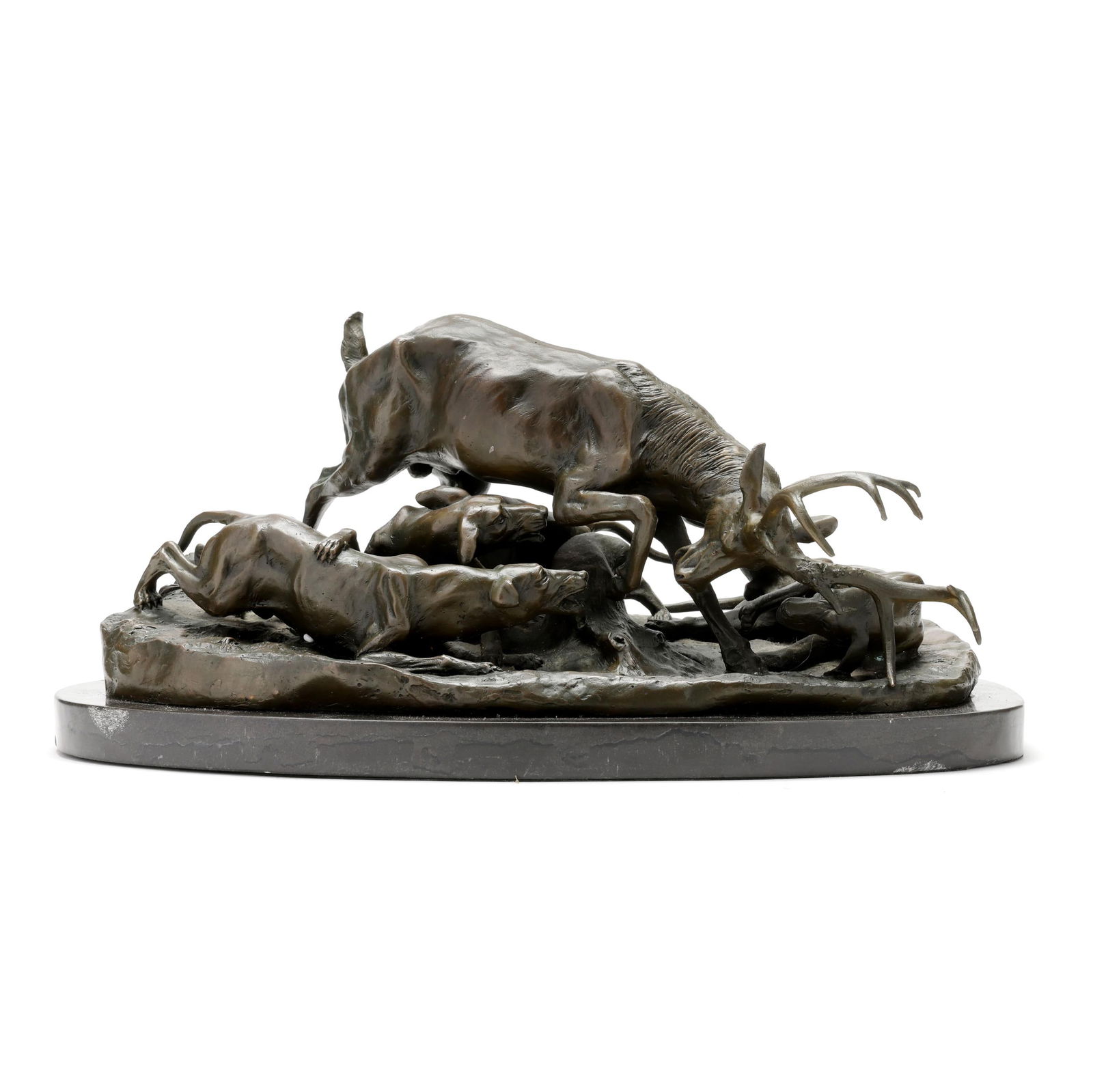 After Antoine Louis Barye (French, 1795-1875), Three Hounds Attacking Ten Point Stag (1 of 8)