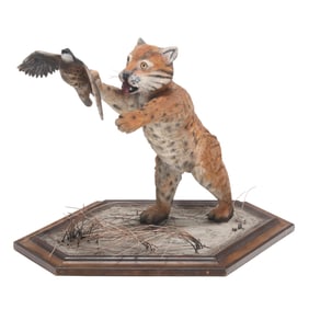 Carved Bobcat Chasing Quail