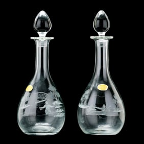 Two Queen Lace Engraved Crystal Decanters with Fly Fishing Scenes