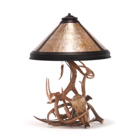 Assembled Skull and Antler Table Lamp with Mica Shade