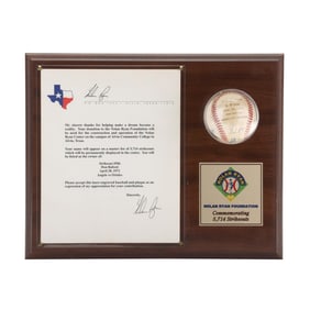 Nolan Ryan Signed Baseball With Commemorative Strike Out Plaque