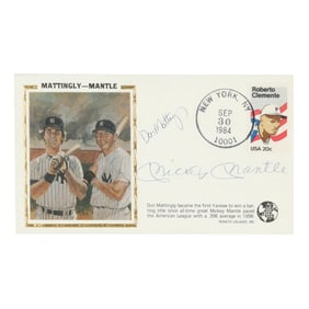 Mickey Mantle and Don Mattingly Signed First Day Cover Envelope with Roberto Clemente Stamp