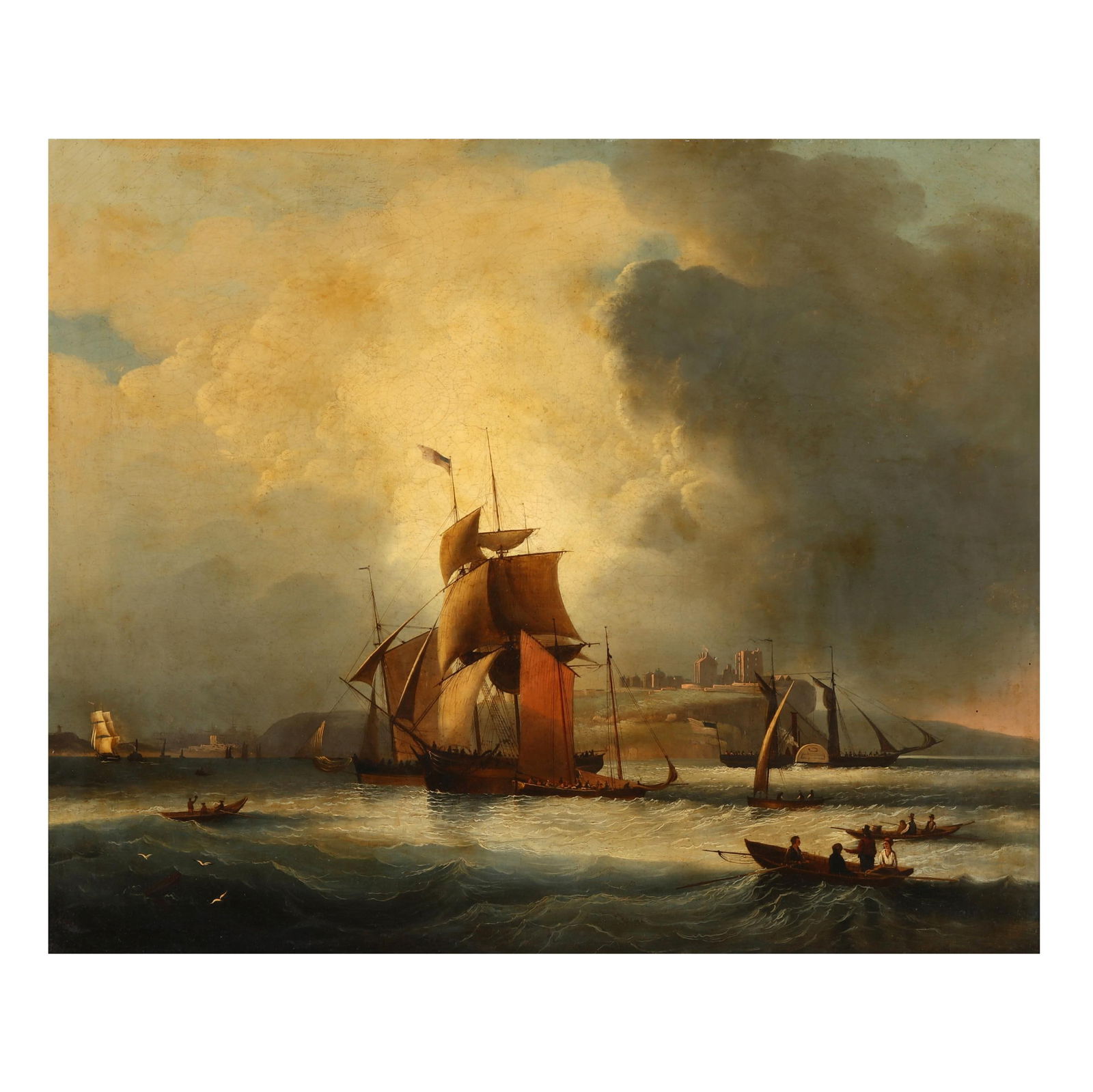 Edmund C. Coates (British-American, 1816-1871), A Brig Off the Coast at Tynemouth: Edmund C. Coates (British-American, 1816-1871), A Brig Off the Coast at Tynemouthoil on canvas laid on board, 1852, signed and inscribed at lower center, presented in a gilt composition frame. Board 2