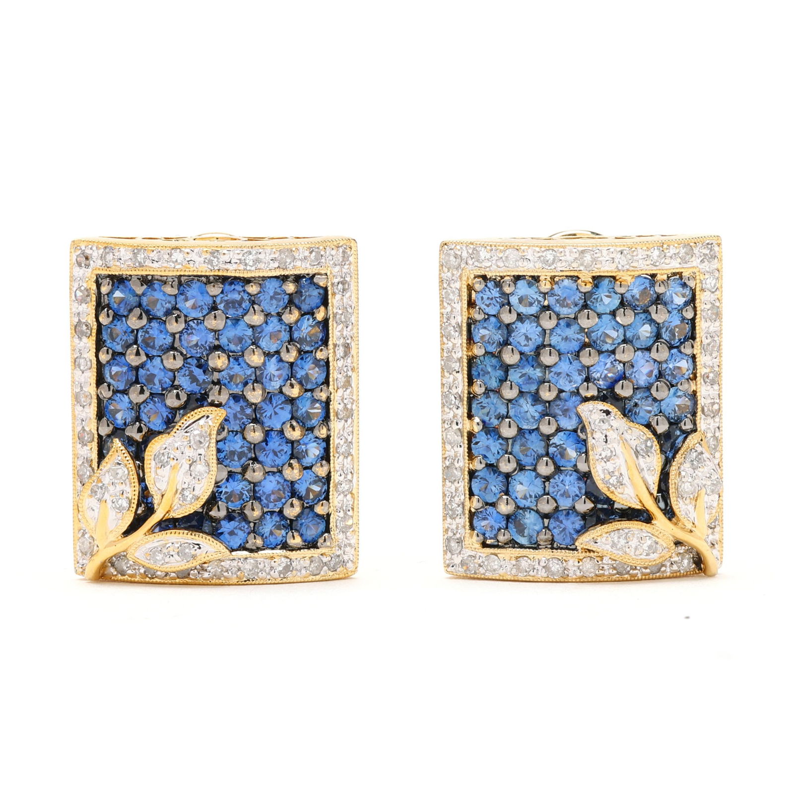 Gold, Sapphire, and Diamond Earrings: Gold, Sapphire, and Diamond Earringsset throughout with round cut sapphires weighing approximately 3.36 total carats, with foliate appliqué and surround set with single cut diamond melee weighing app