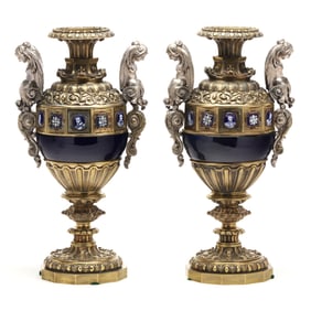 Pair of Napoleon III Figural Bronze Doré and Porcelain Urns