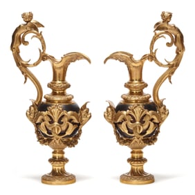 Pair of Large Renaissance Revival Ormolu and Patinated Bronze Ewers