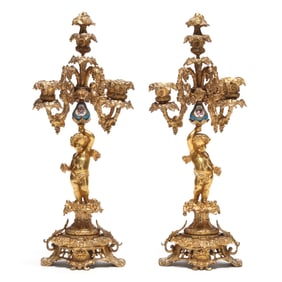 Pair of Sèvres Style Bronze Doré and Porcelain Five Light Figural Candelabra