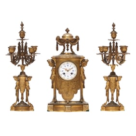 Napoleon III Bronze Doré Mantel Clock Garniture, Gustave J. Lévy