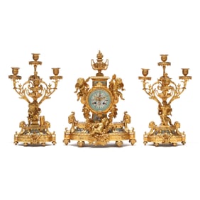 Attributed Palais Royal, Ormolu and Porcelain Mounted Mantel Clock Garniture