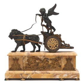 French Neoclassical Style Bronze and Marble Chariot Mantle Clock